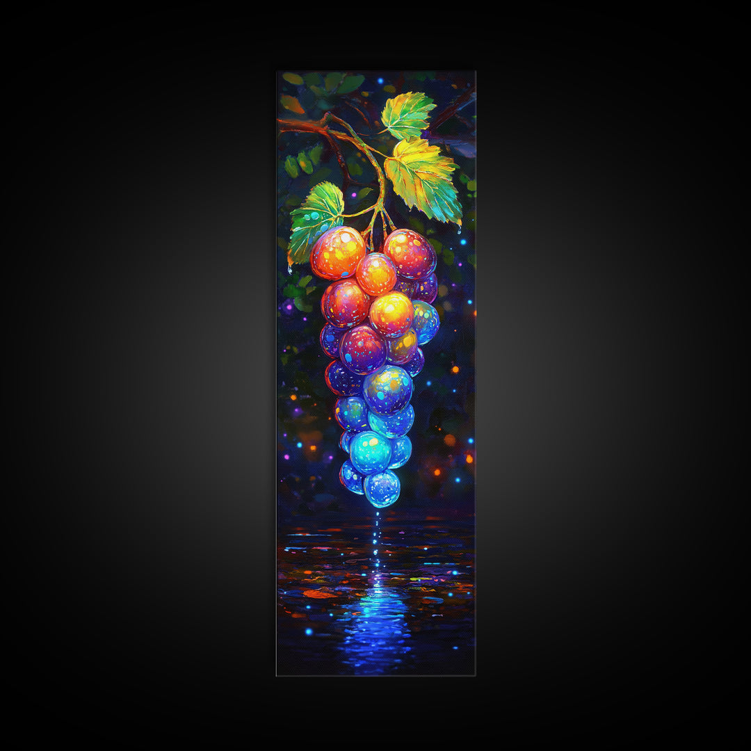 Glowing Grapes Reflecting On Water Framed Canvas Print, Vineyard Wall Art, Colorful Kitchen Decor, Fruit Art Poster Gift