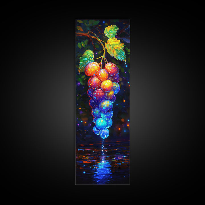 Glowing Grapes Reflecting On Water Framed Canvas Print, Vineyard Wall Art, Colorful Kitchen Decor, Fruit Art Poster Gift