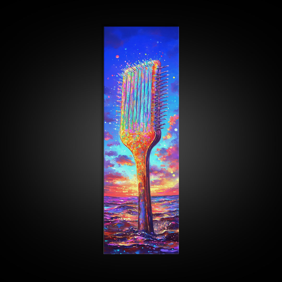 Giant Rainbow Hair Comb At Ocean Sunset Canvas Print, Salon Wall Art, Beauty Salon Decor, Colorful Coastal Gift Print Poster
