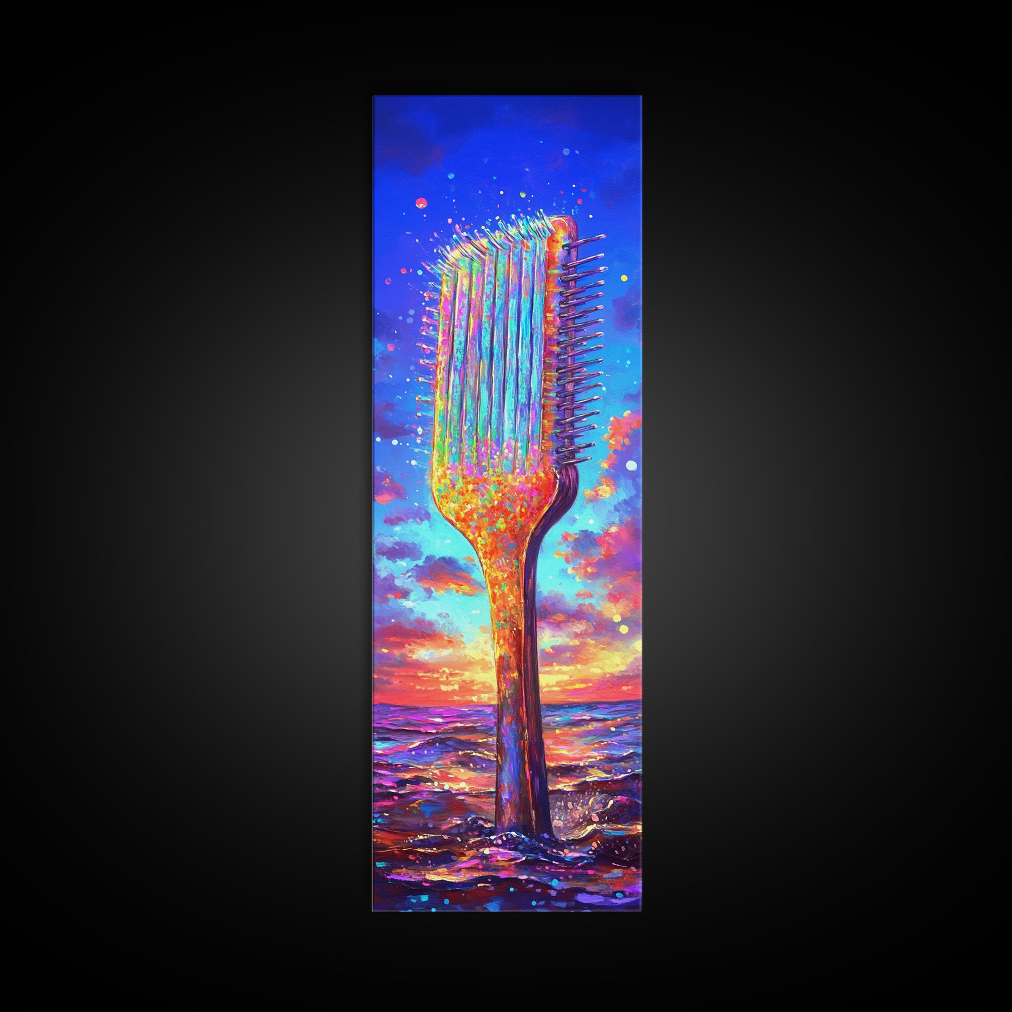 Giant Rainbow Hair Comb At Ocean Sunset Canvas Print, Salon Wall Art, Beauty Salon Decor, Colorful Coastal Gift Print Poster