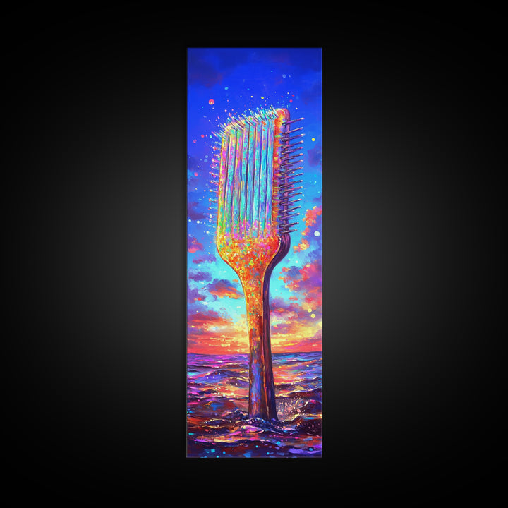 Giant Rainbow Hair Comb At Ocean Sunset Canvas Print, Salon Wall Art, Beauty Salon Decor, Colorful Coastal Gift Print Poster