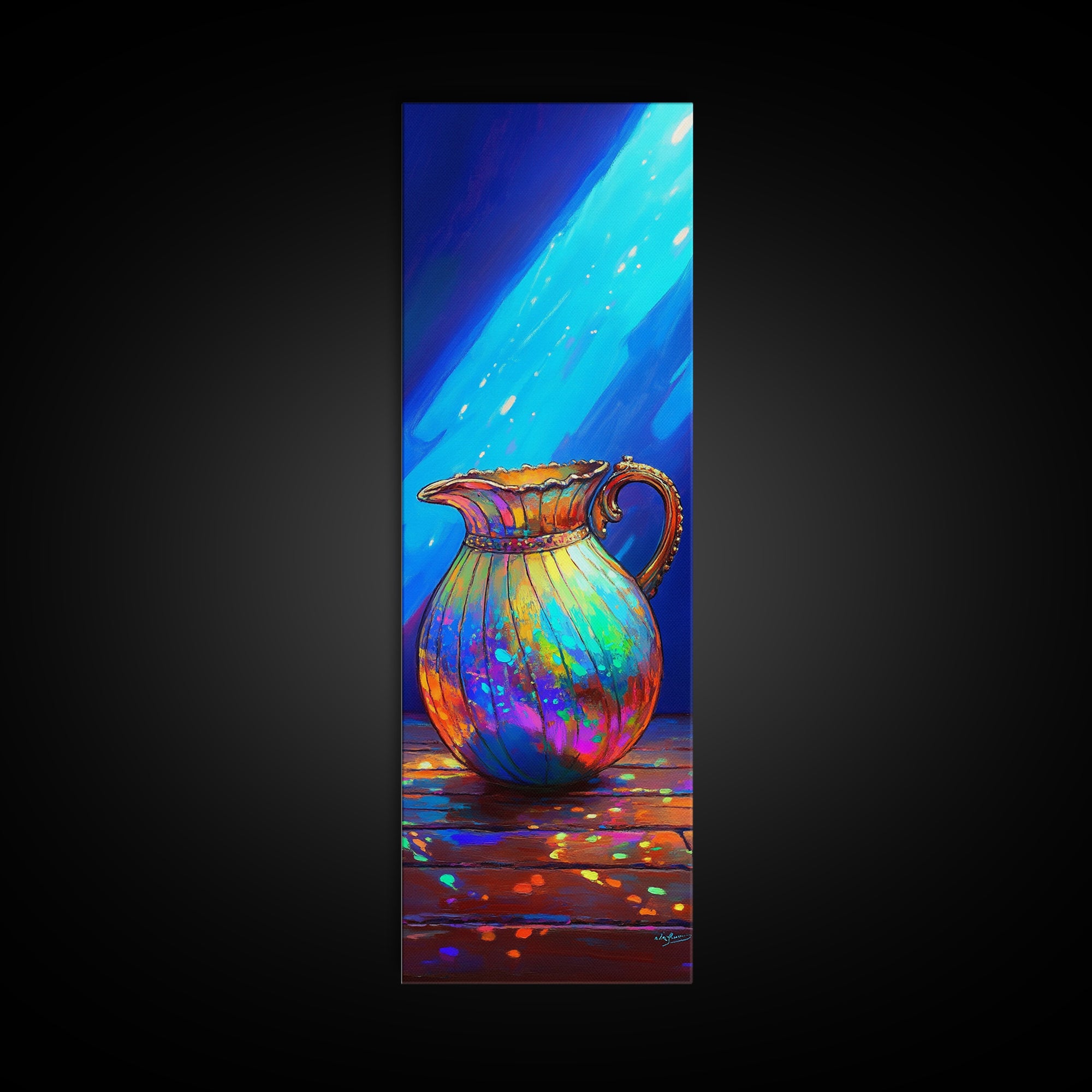 Iridescent Rainbow Pitcher In Blue Light Framed Canvas Print, Colorful Kitchen Wall Art, Modern Eclectic Home Decor Gift