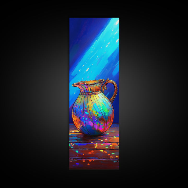 Iridescent Rainbow Pitcher In Blue Light Framed Canvas Print, Colorful Kitchen Wall Art, Modern Eclectic Home Decor Gift