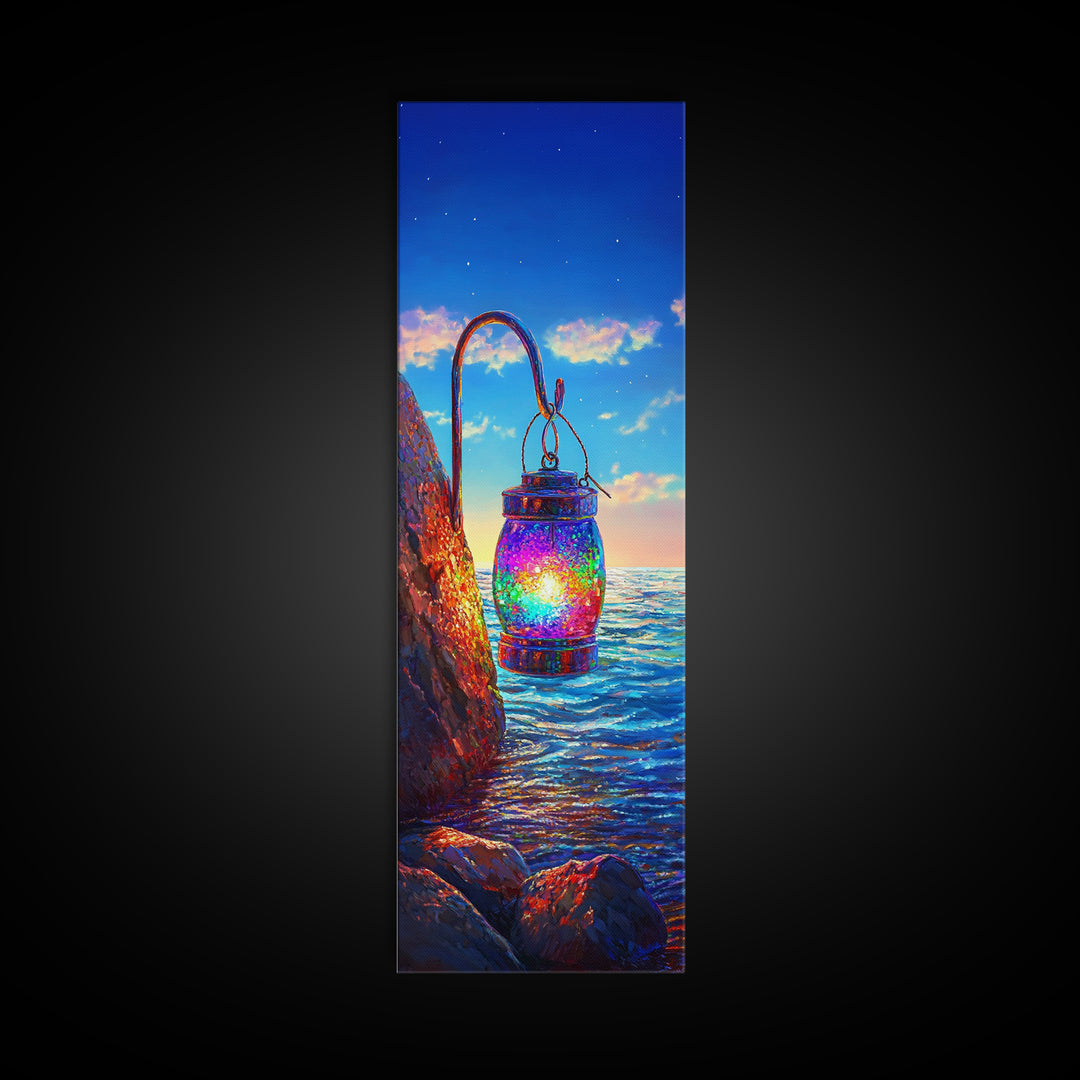 Hanging Rainbow Lantern Canvas Print, Coastal Wall Art, Ocean Sunset Painting, Nautical Decor, Beach House Living Room Art