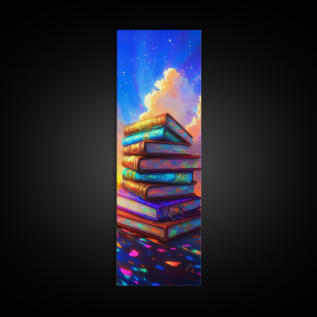 Colorful Stack Of Books Wall Art, Book Lover Canvas Print, Cozy Library Decor, Reading Nook Art, Literary Housewarming Gift