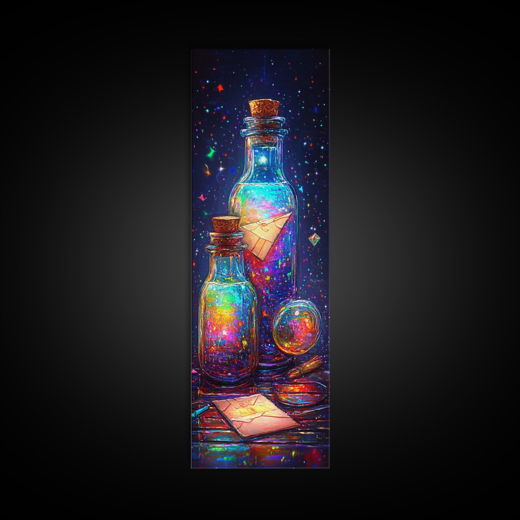 Glowing Message Bottles With Paper Boats Canvas Print, Celestial Wall Art, Fantasy Decor, Magical Art Print, Unique Gift