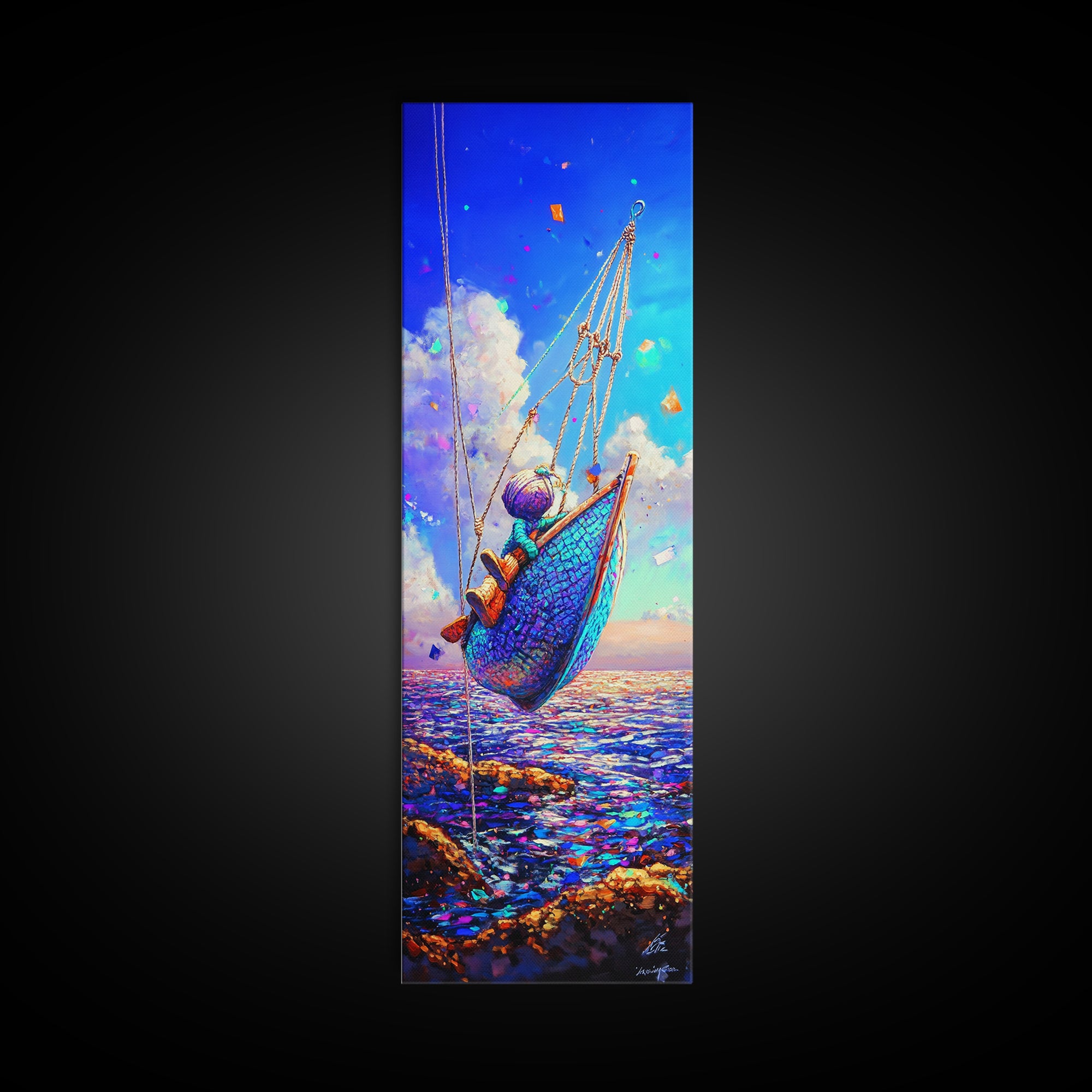 Colorful Hammock Over Ocean Cliffs Canvas Print, Coastal Wall Art, Beach House Decor, Nautical Wall Art, Summer Travel Poster