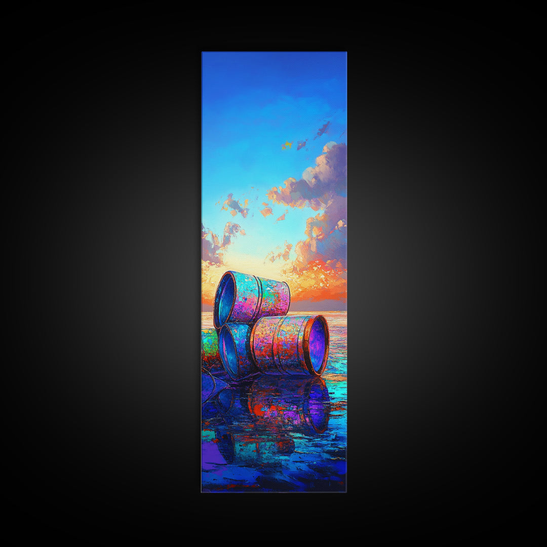 Colorful Beach Barrels Framed Canvas Print, Coastal Wall Art, Ocean Sunset Painting, Nautical Home Decor, Beach House Gift