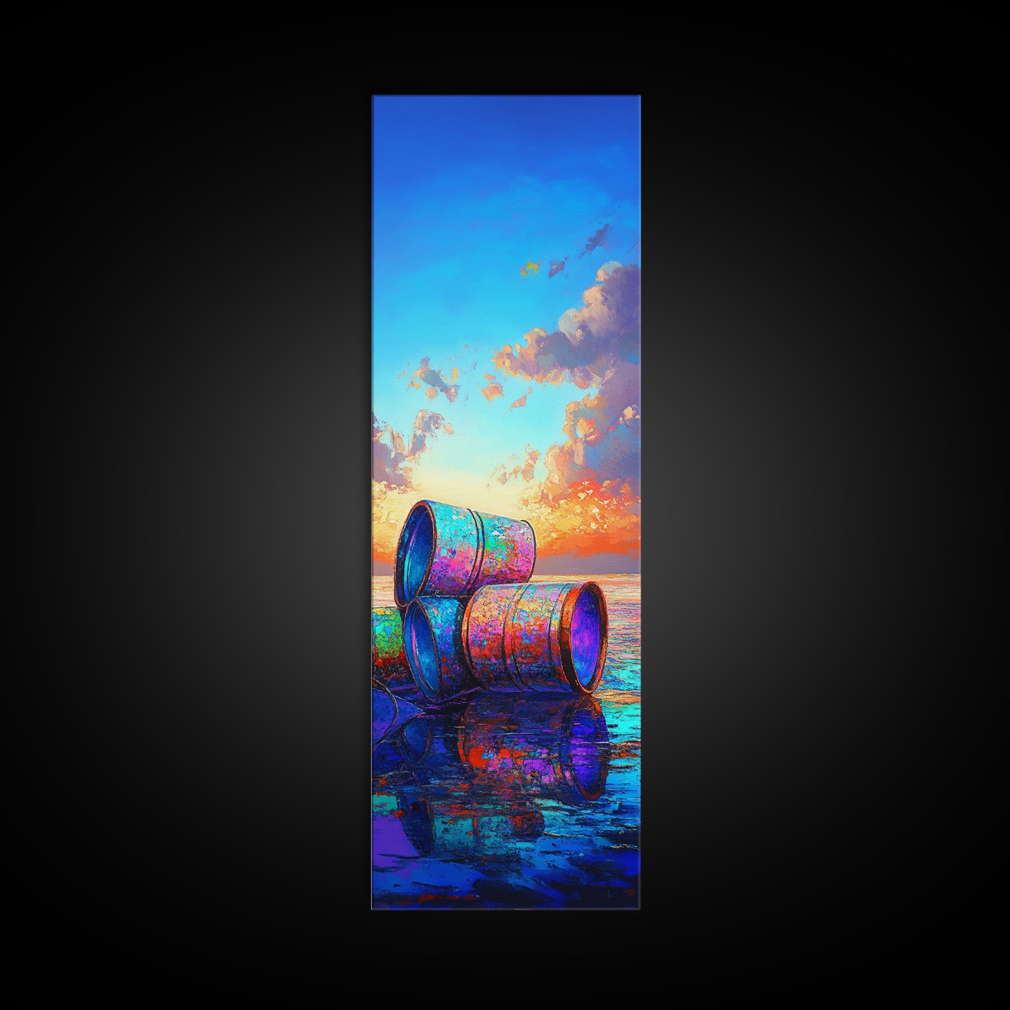 Colorful Beach Barrels Framed Canvas Print, Coastal Wall Art, Ocean Sunset Painting, Nautical Home Decor, Beach House Gift