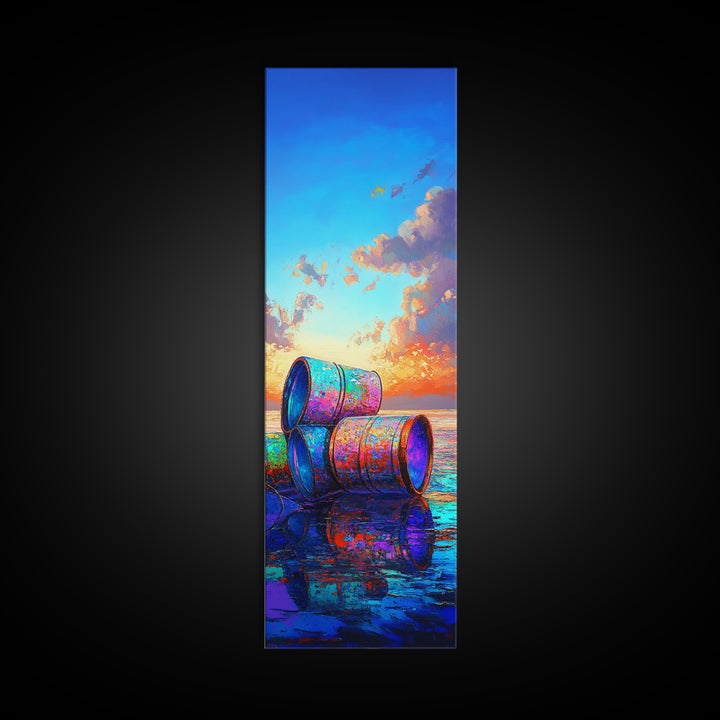 Colorful Beach Barrels Framed Canvas Print, Coastal Wall Art, Ocean Sunset Painting, Nautical Home Decor, Beach House Gift