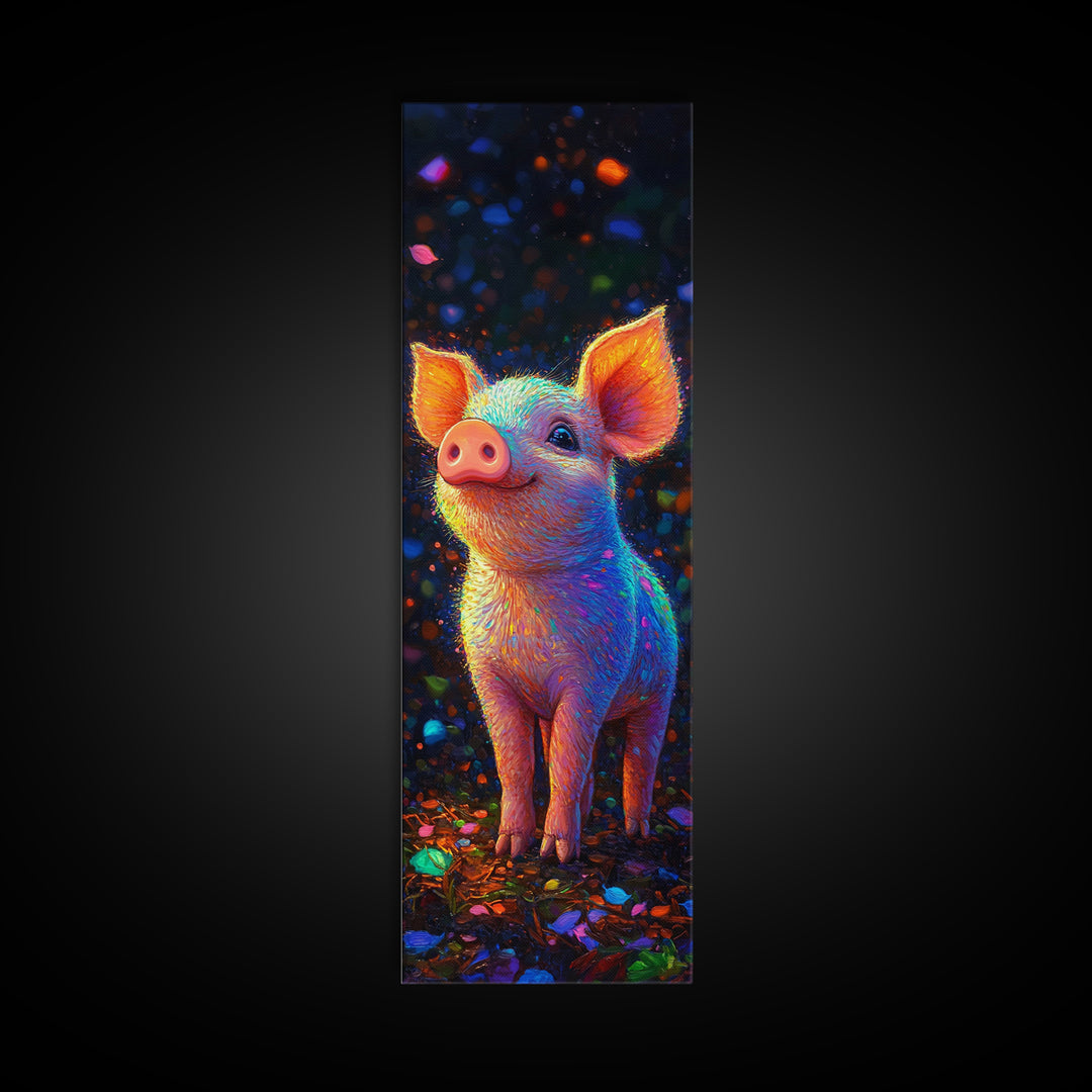 Neon Rainbow Piglet Canvas Print, Cute Animal Wall Art, Whimsical Nursery Decor, Farm Animal Art, Kids Room Decor Gift For Animal Lovers