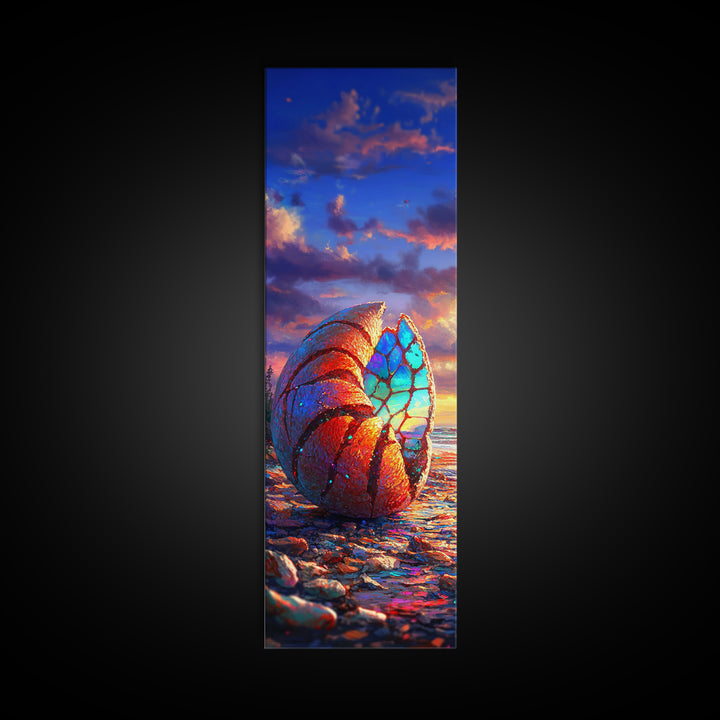 Rainbow Nautilus Seashell At Sunset Wall Art, Coastal Canvas Print, Beach House Decor, Ocean Landscape Art, Seaside Gift