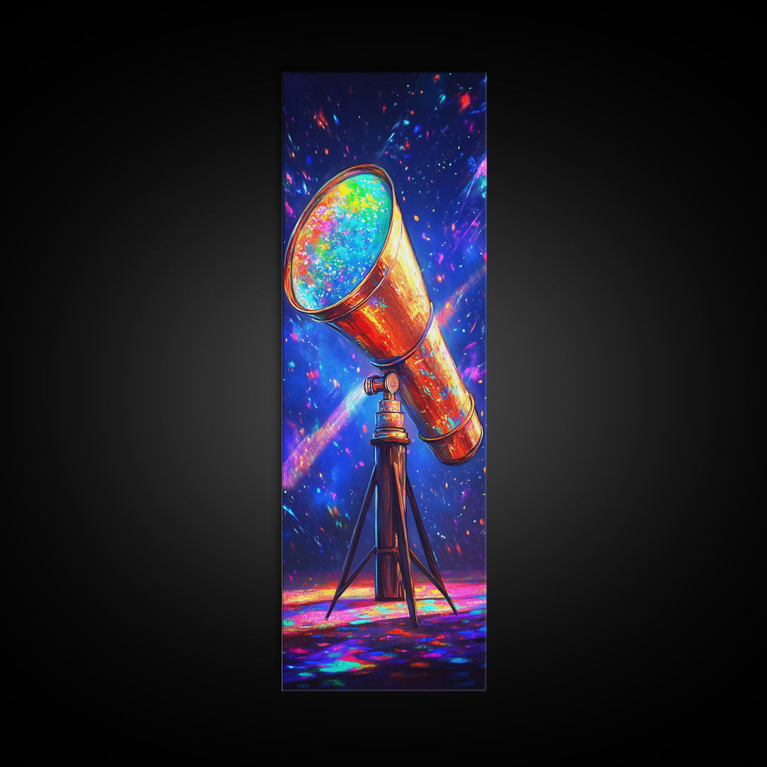 Rainbow Telescope Pointed At Starry Sky Wall Art, Space Canvas Print, Astronomy Decor, Celestial Office Art, Gift For Him