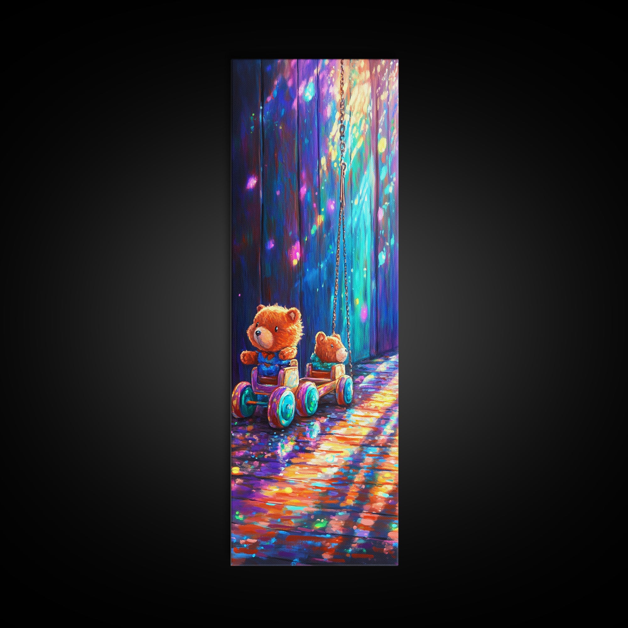 Teddy Bear Toy Wagon In Magical Light Wall Art, Nursery Canvas Print, Whimsical Woodland Kids Room Decor, Baby Shower Gift