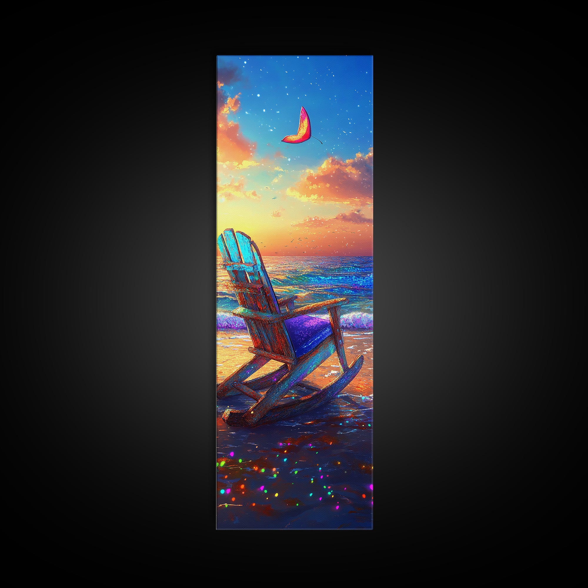 Sunset Beach Chair Under Crescent Moon Canvas Print, Coastal Wall Art, Ocean Decor, Beach House Living Room Wall Decor Gift