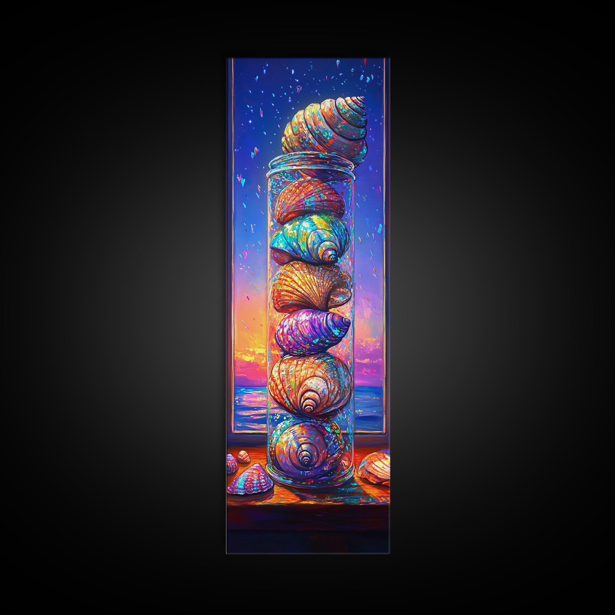 Stacked Rainbow Seashells In Window Framed Canvas Print, Coastal Wall Art, Beach House Decor, Nautical Wall Decor Housewarming Gift