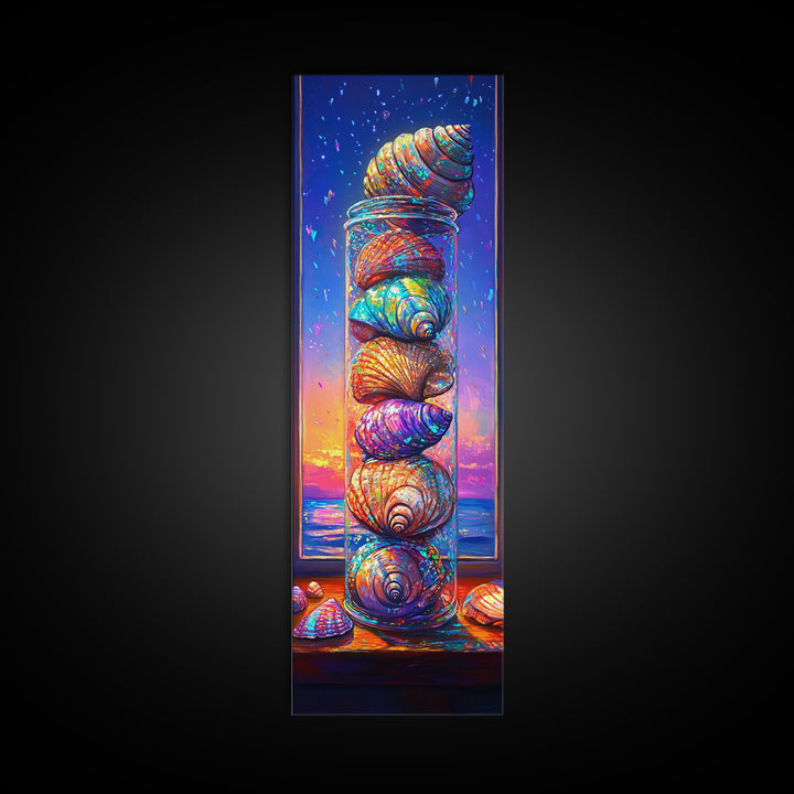 Stacked Rainbow Seashells In Window Framed Canvas Print, Coastal Wall Art, Beach House Decor, Nautical Wall Decor Housewarming Gift