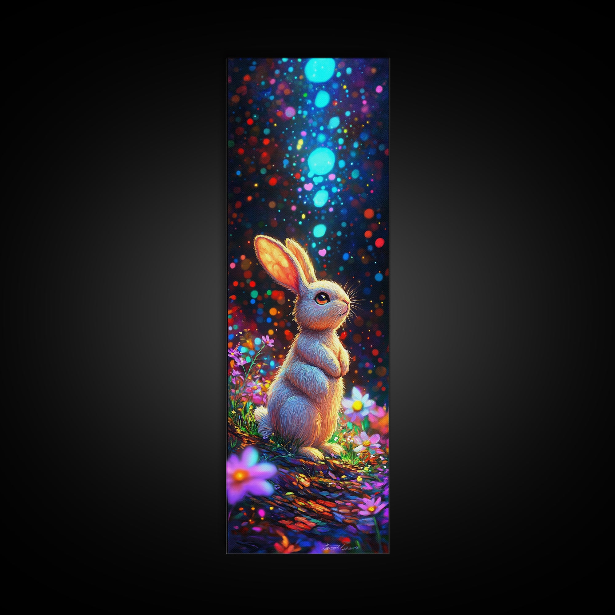 Cute Bunny In Magical Flower Garden Framed Canvas Print, Whimsical Animal Wall Art, Nursery Decor, Kids Room Art Gift, Baby Shower Gift