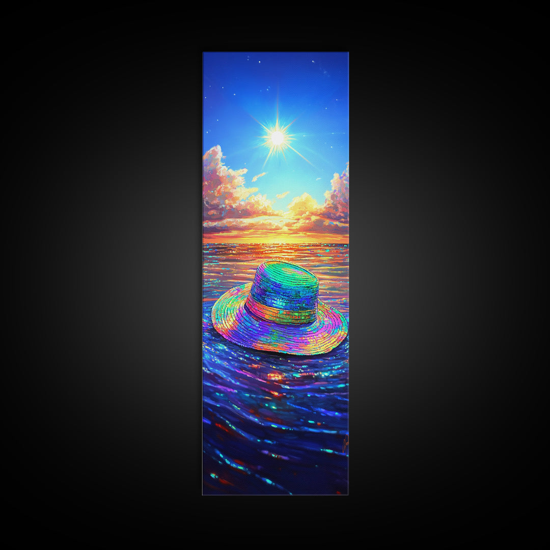 Rainbow Sun Hat On Sparkling Ocean Canvas Print, Beach Wall Art, Coastal Decor, Summer Seascape For Living Room, Housewarming Gift