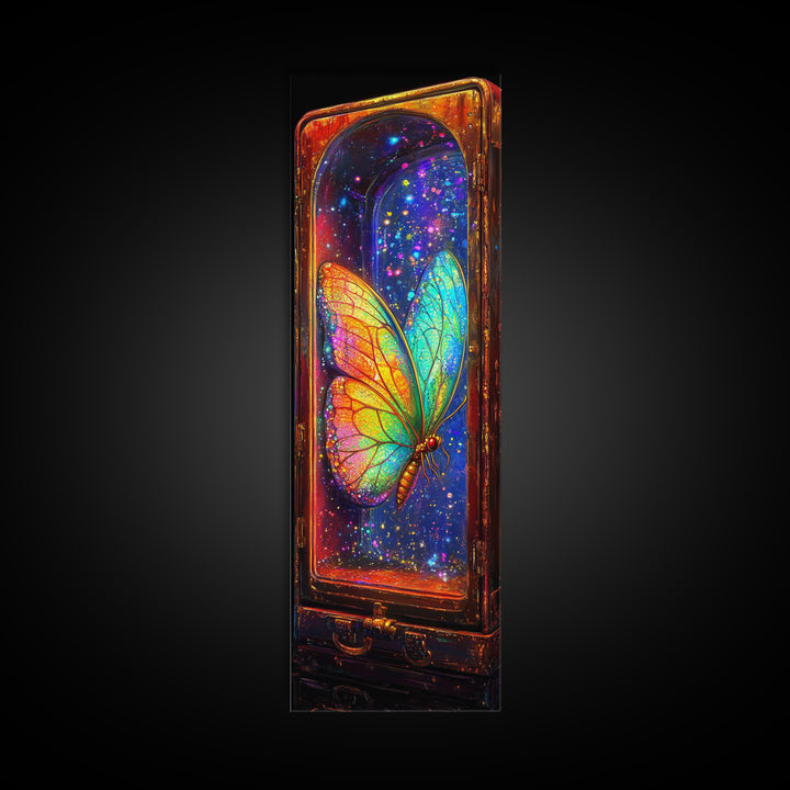 Glowing Rainbow Butterfly In Glass Case Wall Art, Celestial Fantasy Art Print, Whimsical Wall Decor, Unique Gift For Bedroom Decor