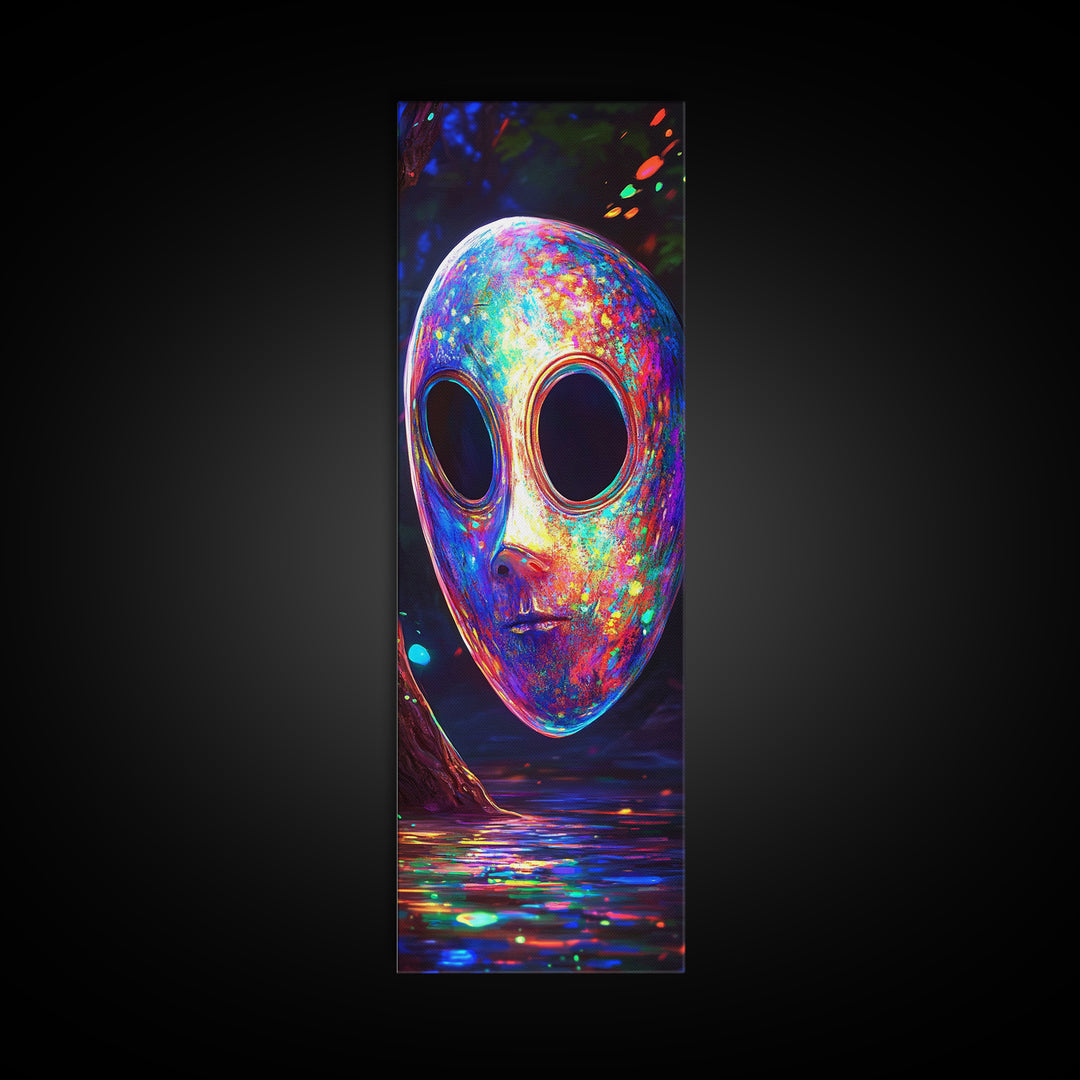 Iridescent Alien Mask By Neon Water Canvas Print, Sci Fi Wall Art, Surreal Fantasy Decor, Gaming Room Wall Decor, Modern Home Decor
