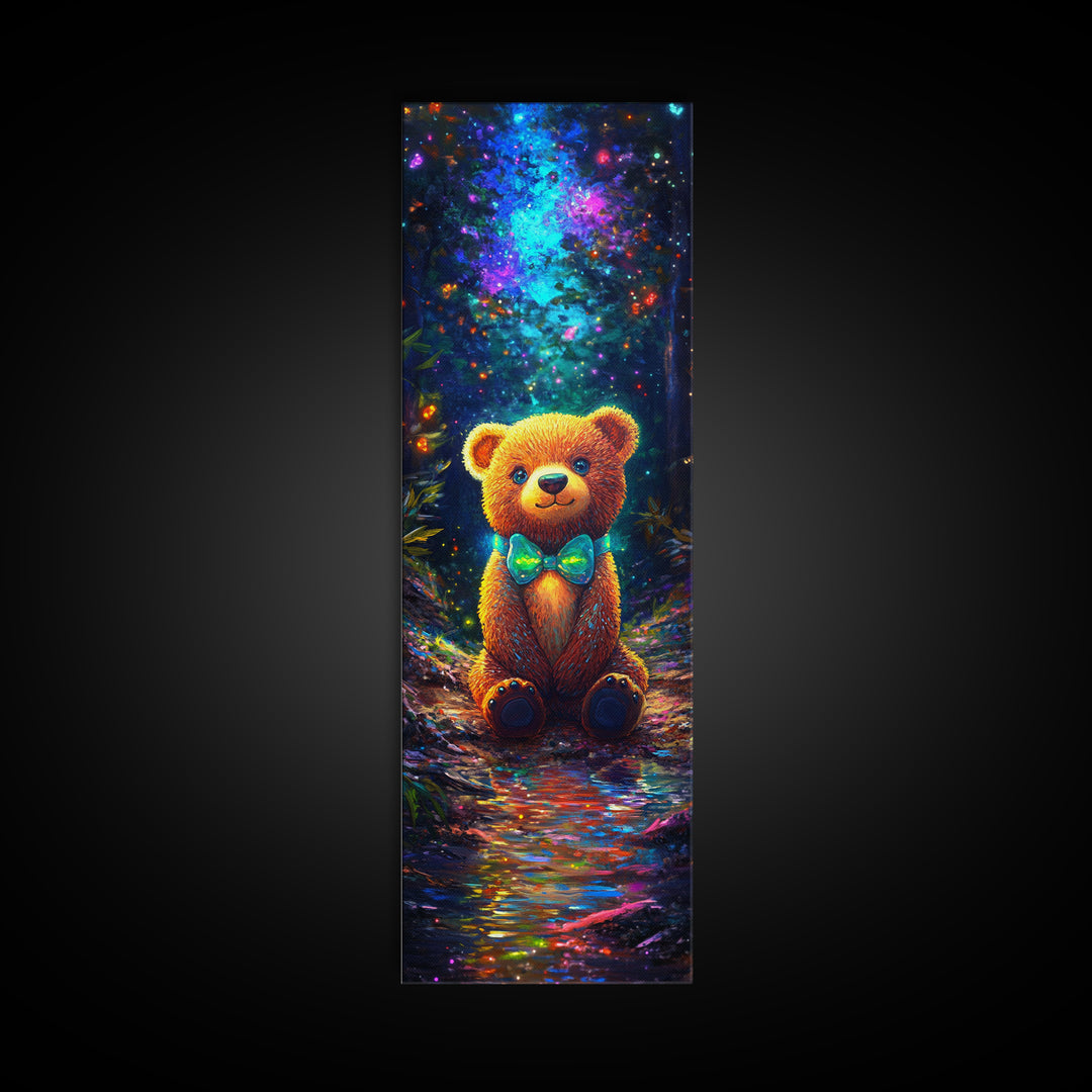 Glowing Teddy Bear In Enchanted Forest Wall Art, Whimsical Nursery Decor, Cute Animal Art Print, Kids Room Decor Gift Idea