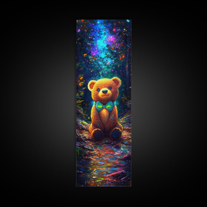 Glowing Teddy Bear In Enchanted Forest Wall Art, Whimsical Nursery Decor, Cute Animal Art Print, Kids Room Decor Gift Idea