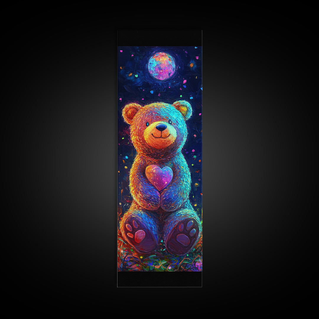 Moonlit Teddy Bear With Heart Framed Canvas Print, Whimsical Wall Art, Nursery Decor, Cute Animal Art, Celestial Room Decor
