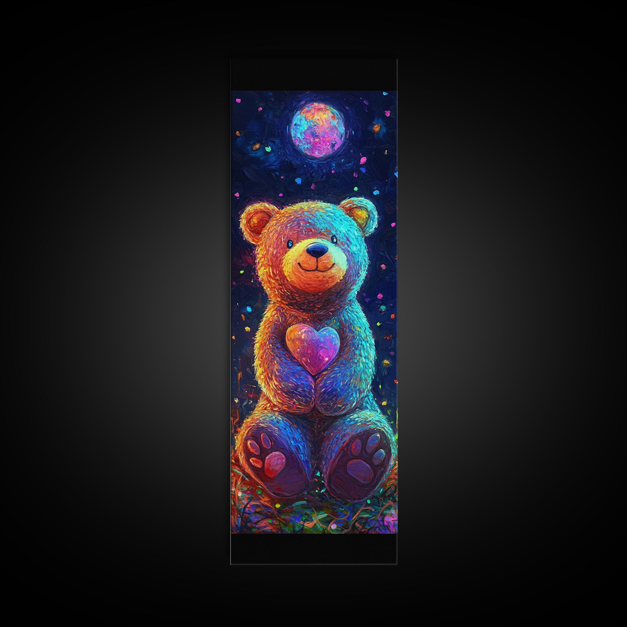 Moonlit Teddy Bear With Heart Framed Canvas Print, Whimsical Wall Art, Nursery Decor, Cute Animal Art, Celestial Room Decor