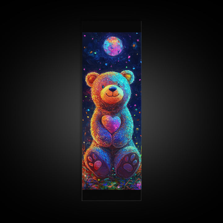 Moonlit Teddy Bear With Heart Framed Canvas Print, Whimsical Wall Art, Nursery Decor, Cute Animal Art, Celestial Room Decor