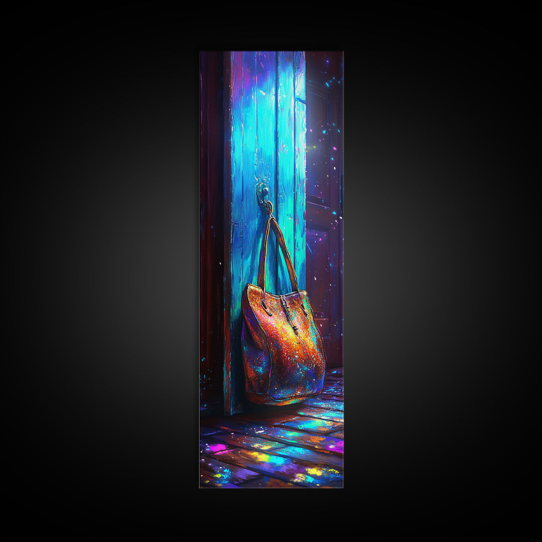 Iridescent Handbag Hanging On Turquoise Door Canvas Print, Fashion Wall Art, Glam Entryway Decor, Gift For Her, Trendy Poster