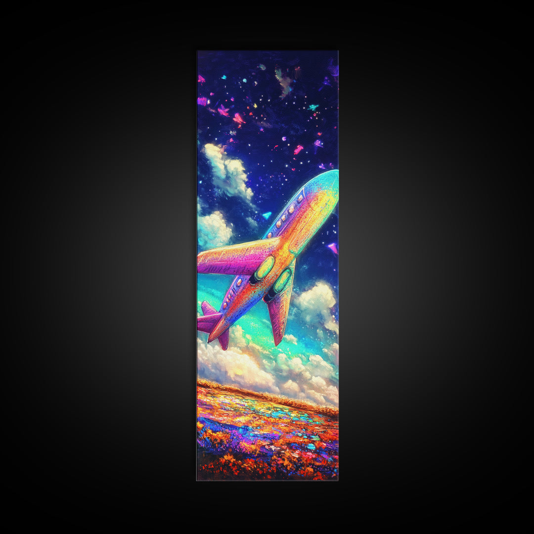Rainbow Jet Flying Through Starry Clouds Canvas Print, Space Wall Art, Aviation Wall Decor, Kids Room Decor, Gift For Travelers