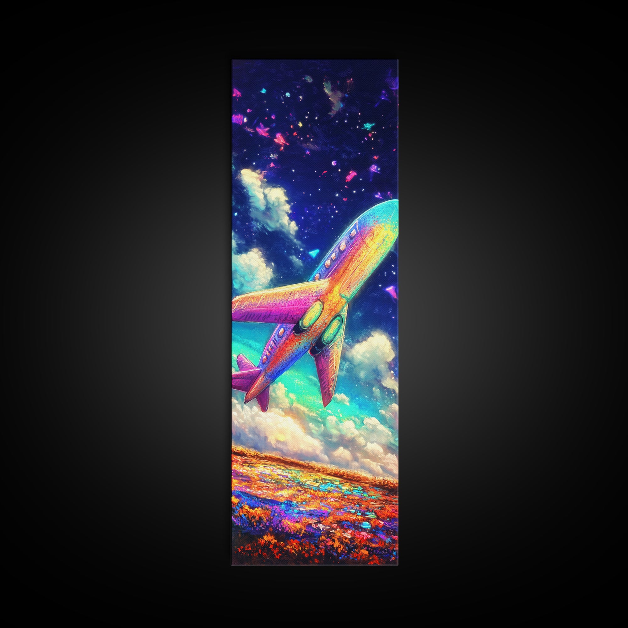 Rainbow Jet Flying Through Starry Clouds Canvas Print, Space Wall Art, Aviation Wall Decor, Kids Room Decor, Gift For Travelers