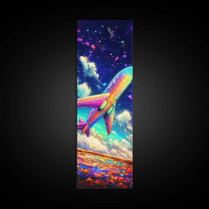 Rainbow Jet Flying Through Starry Clouds Canvas Print, Space Wall Art, Aviation Wall Decor, Kids Room Decor, Gift For Travelers
