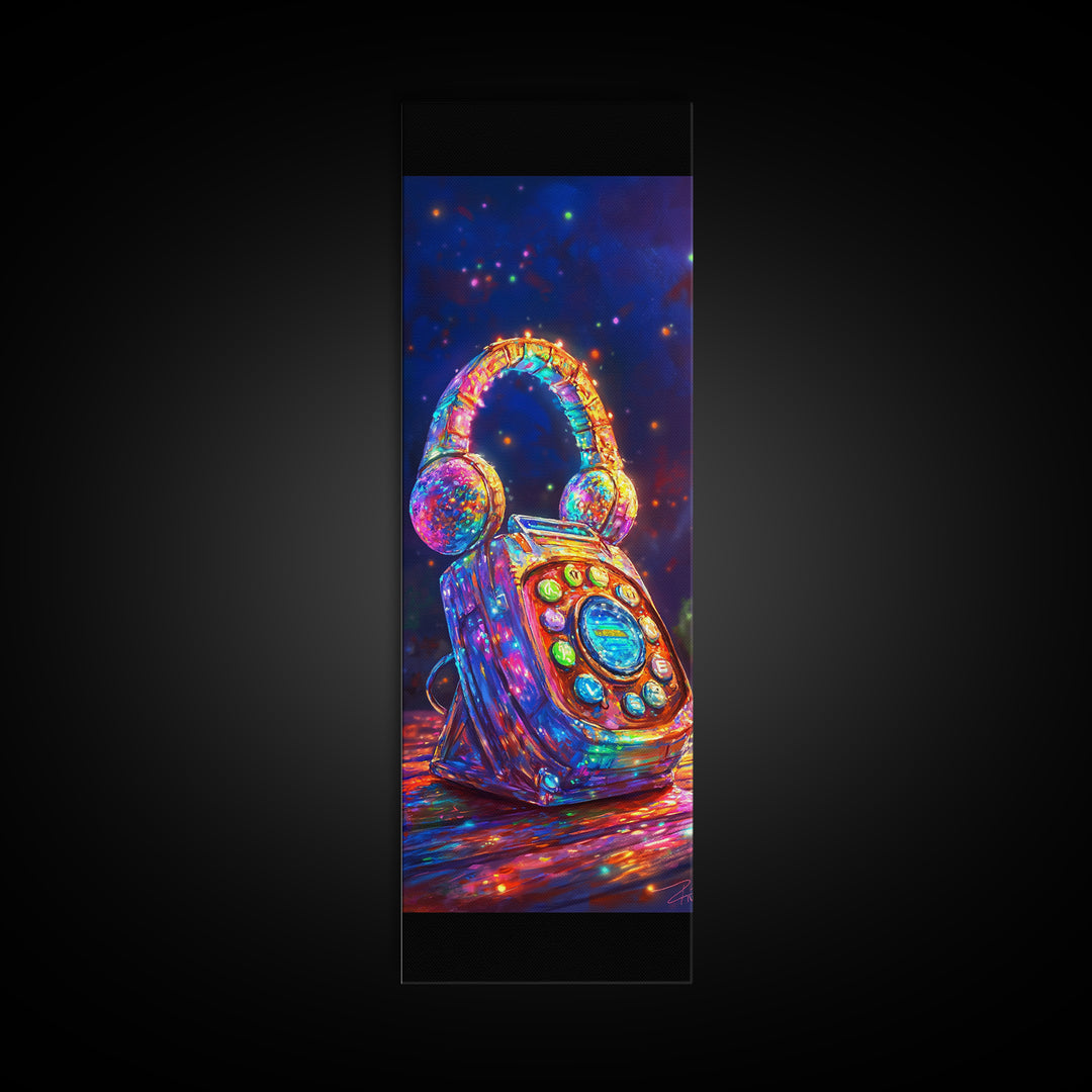 Jeweled Retro Phone With Headphones Framed Canvas Print, Music Wall Art, Funky Wall Decor, Game Room Decor, Gift For Him