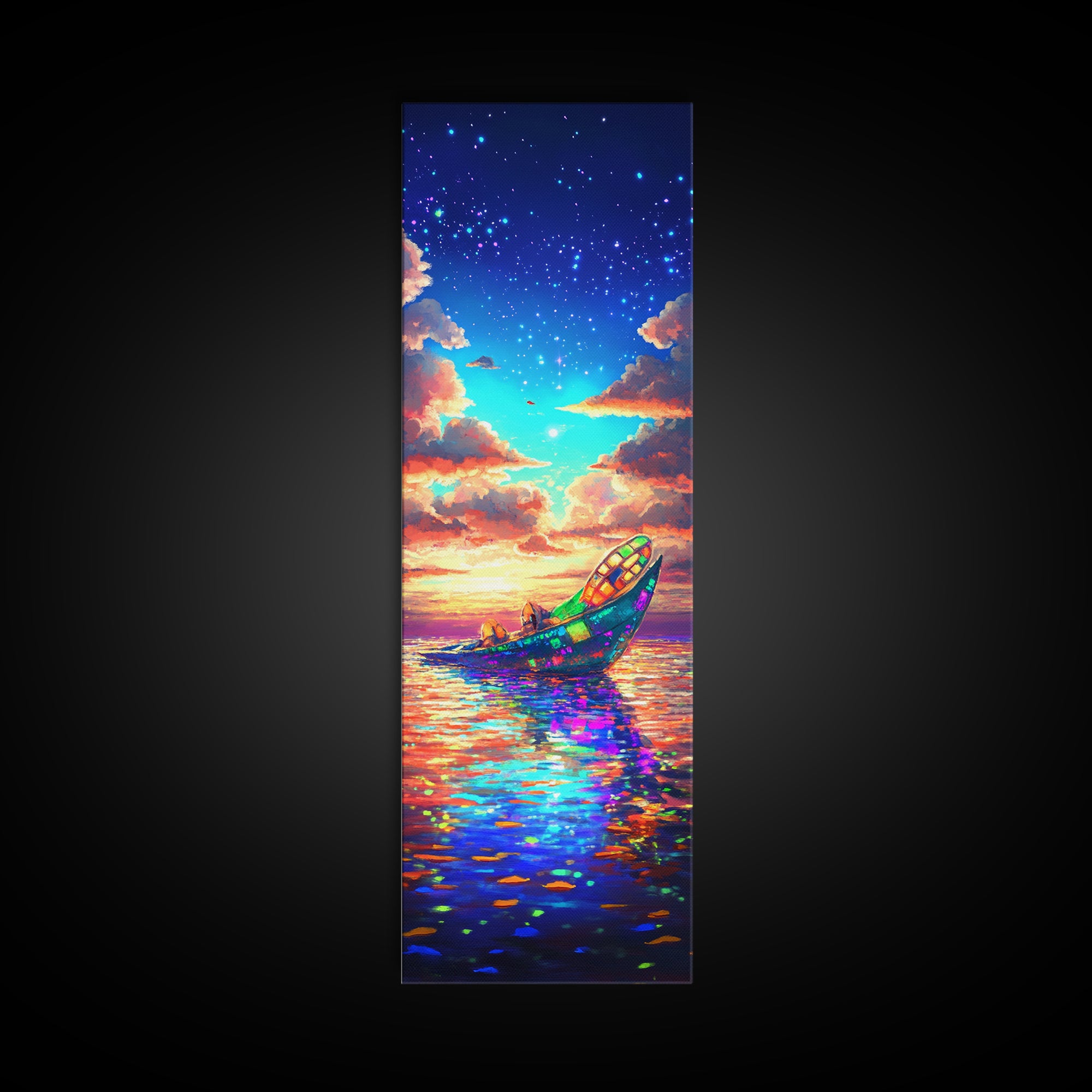 Glowing Rowboat Under Stars Canvas Print, Colorful Ocean Wall Art, Dreamy Seascape Decor, Coastal Gift, Fantasy Landscape