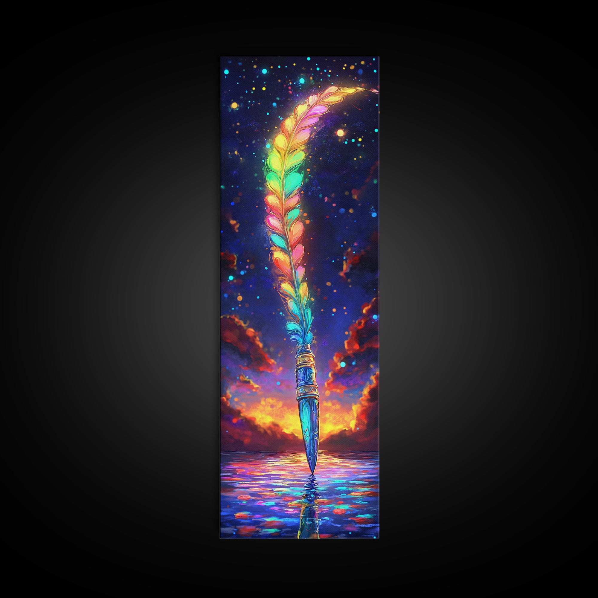 Rainbow Feather Quill Canvas Print, Celestial Wall Art, Whimsical Ocean Decor, Fantasy Writing Gift, Colorful Office Art