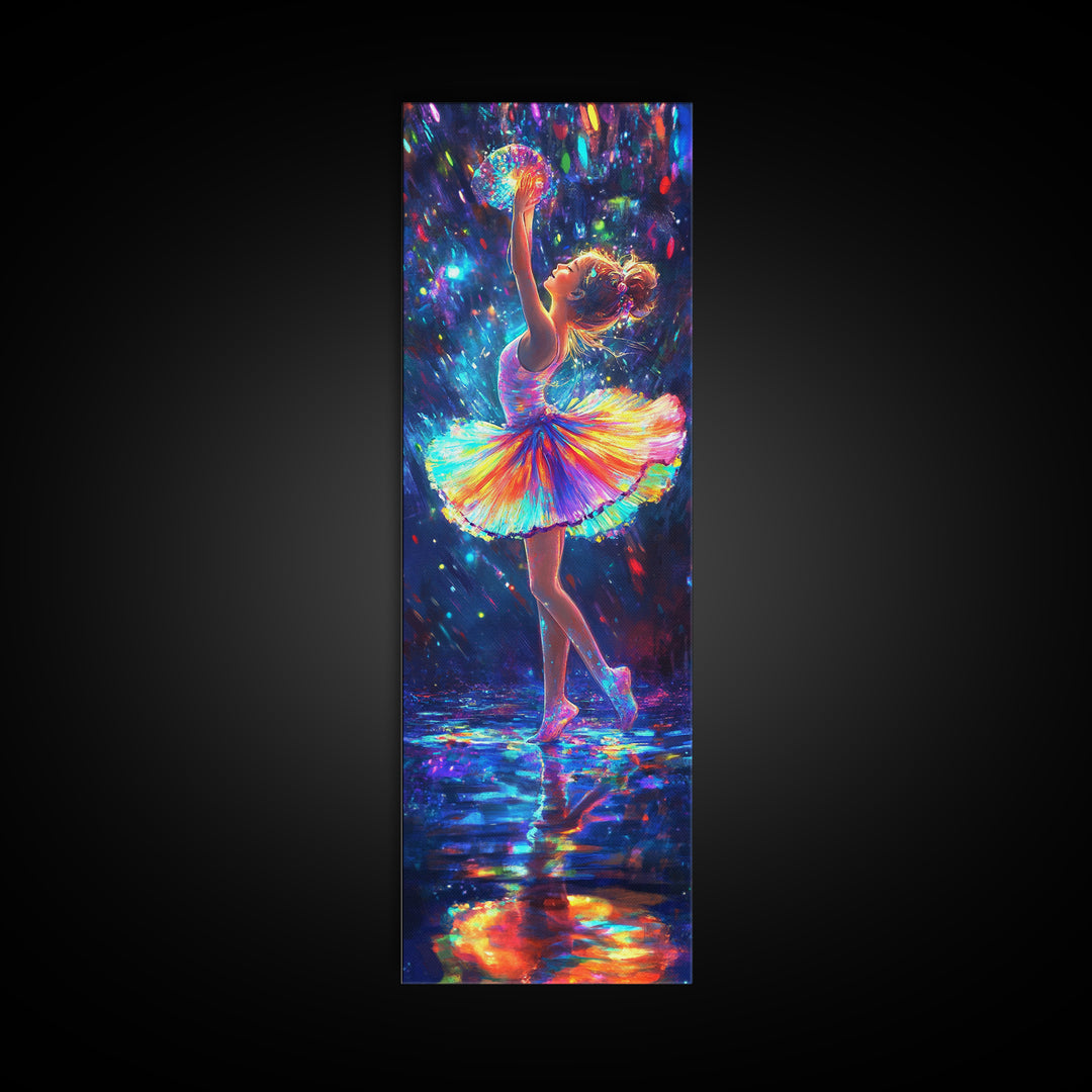 Rainbow Ballerina Dancing Under Lights Framed Canvas Print, Dance Studio Wall Art, Whimsical Girl Room Decor, Gift For Her