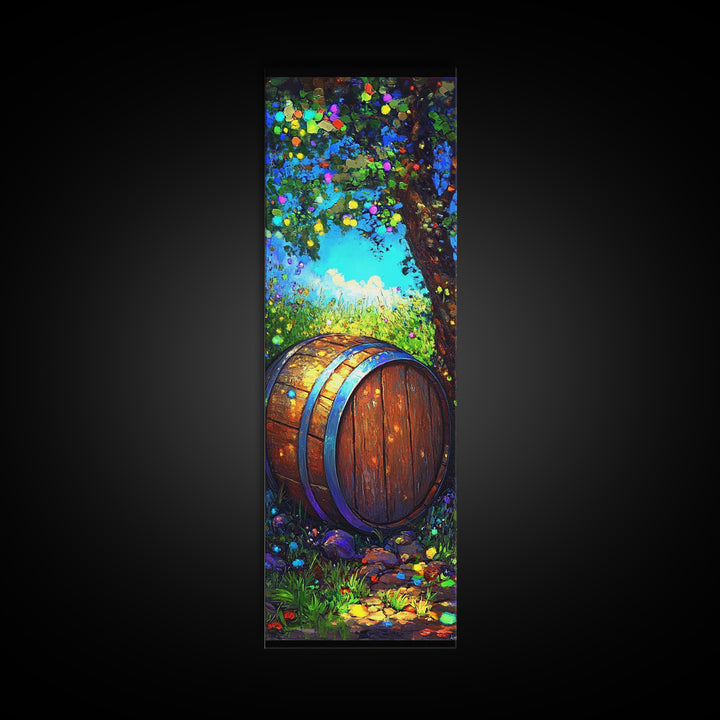 Sunlit Wine Barrel In Lush Garden Canvas Print, Rustic Wall Art, Winery Home Decor, Vineyard Landscape Housewarming Gift