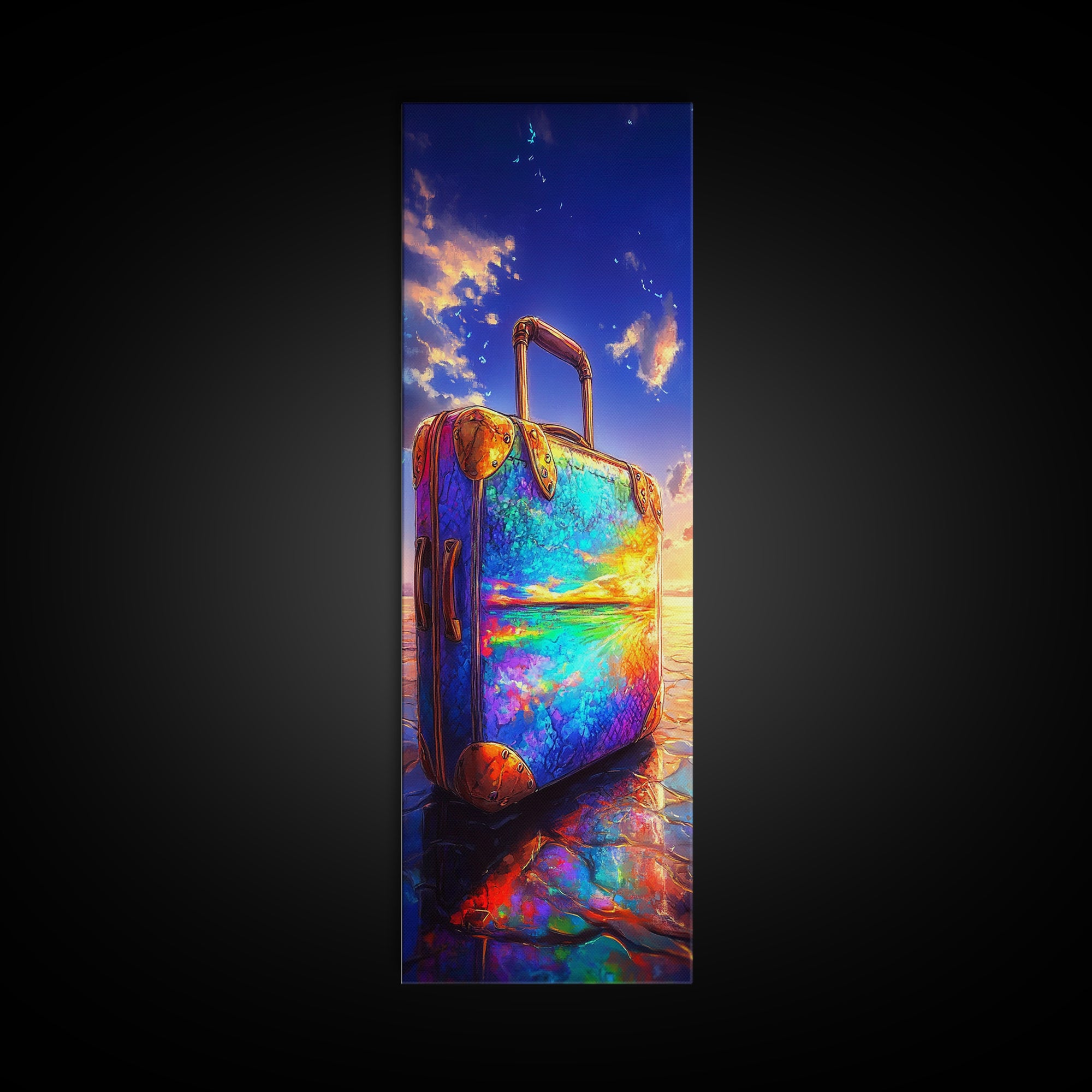 Rainbow Suitcase Reflecting Ocean Sunset Framed Canvas Print, Vibrant Travel Poster, Coastal Wall Decor For Wanderlust Gift