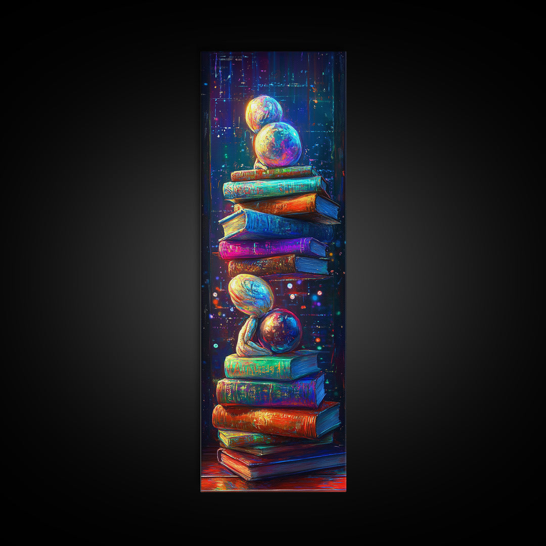 Floating Planets Over Stacked Books Wall Art, Celestial Library Decor, Book Lover Gift, Colorful Fantasy Reading Nook Print