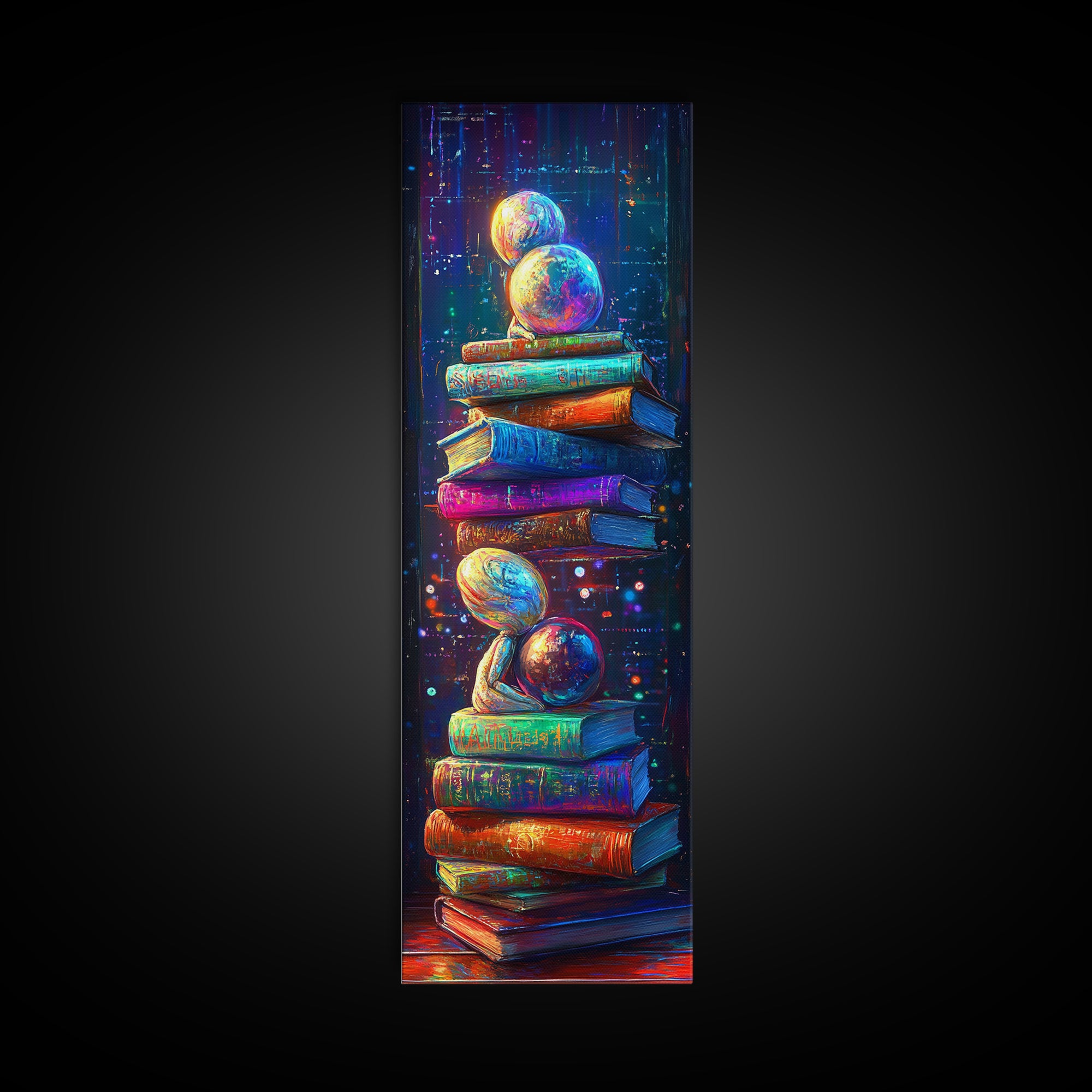 Floating Planets Over Stacked Books Wall Art, Celestial Library Decor, Book Lover Gift, Colorful Fantasy Reading Nook Print
