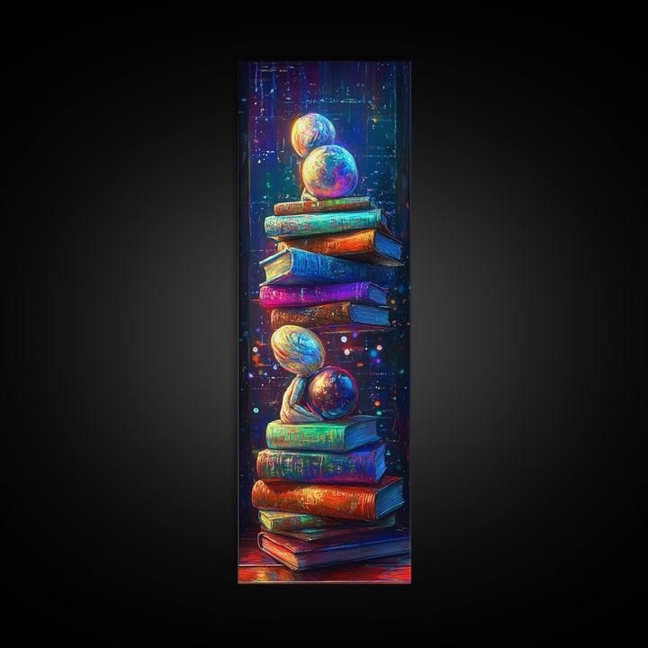 Floating Planets Over Stacked Books Wall Art, Celestial Library Decor, Book Lover Gift, Colorful Fantasy Reading Nook Print