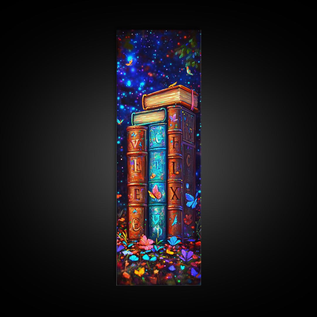 Magical Alphabet Books With Butterflies Canvas Print, Celestial Library Wall Decor, Colorful Book Lover Gift, Fantasy Art