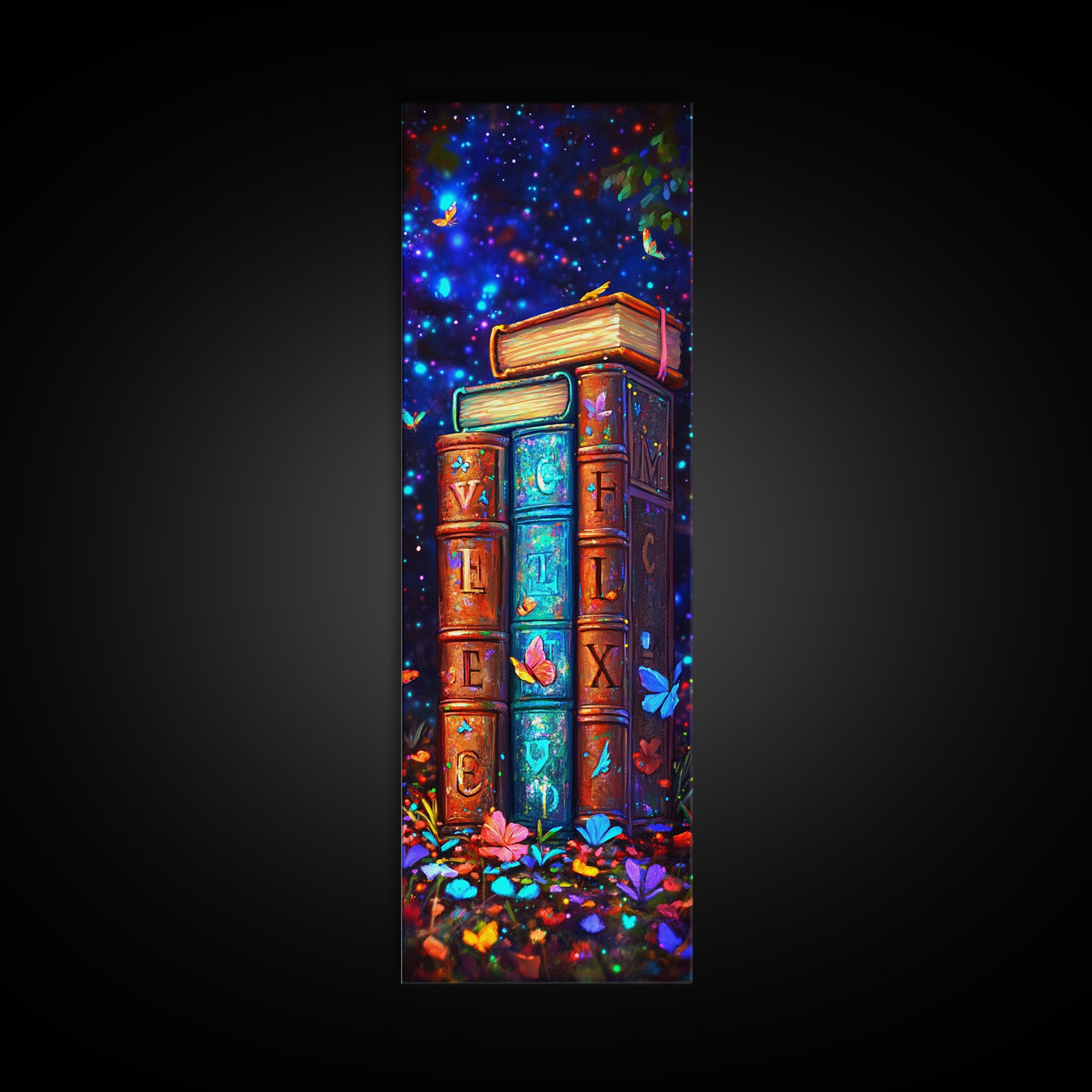 Magical Alphabet Books With Butterflies Canvas Print, Celestial Library Wall Decor, Colorful Book Lover Gift, Fantasy Art