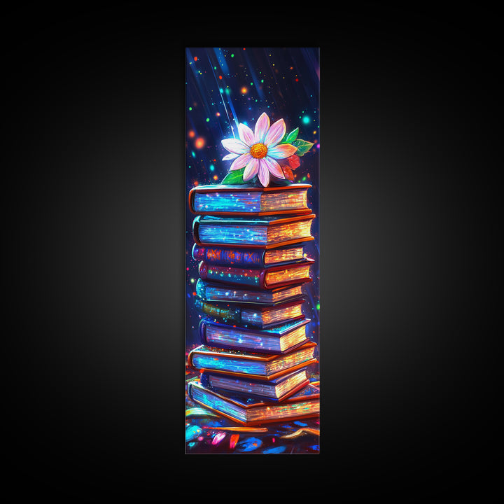 Glowing Stack Of Books With Daisy Canvas Print, Book Lover Wall Art, Cozy Library Decor, Reading Nook Art, Literary Gift