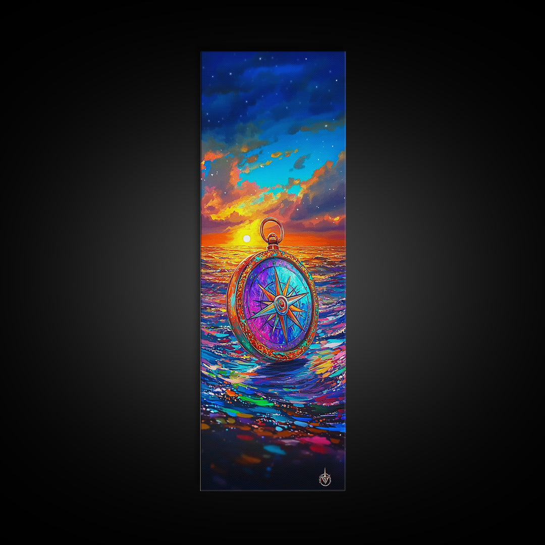 Vibrant Compass On Sunset Ocean Wall Art, Nautical Coastal Decor, Travel Poster, Seascape Art Print, Beach House Living Room Decor