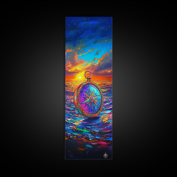 Vibrant Compass On Sunset Ocean Wall Art, Nautical Coastal Decor, Travel Poster, Seascape Art Print, Beach House Living Room Decor