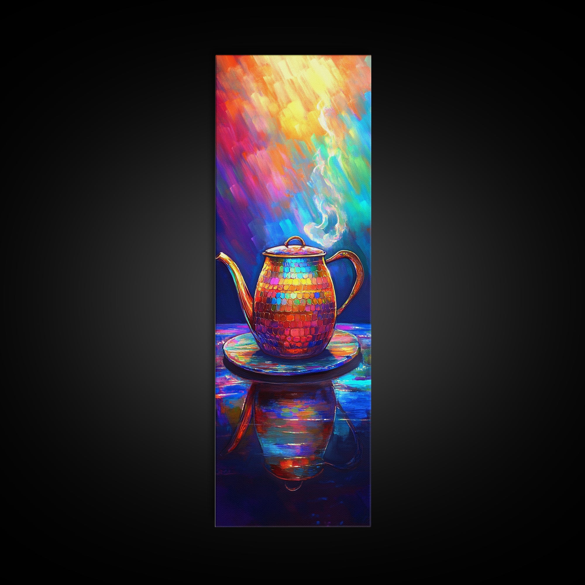 Rainbow Teapot With Steam Framed Canvas Print, Colorful Kitchen Wall Art, Tea Lover Gift, Boho Dining Room Decor, Still Life Art
