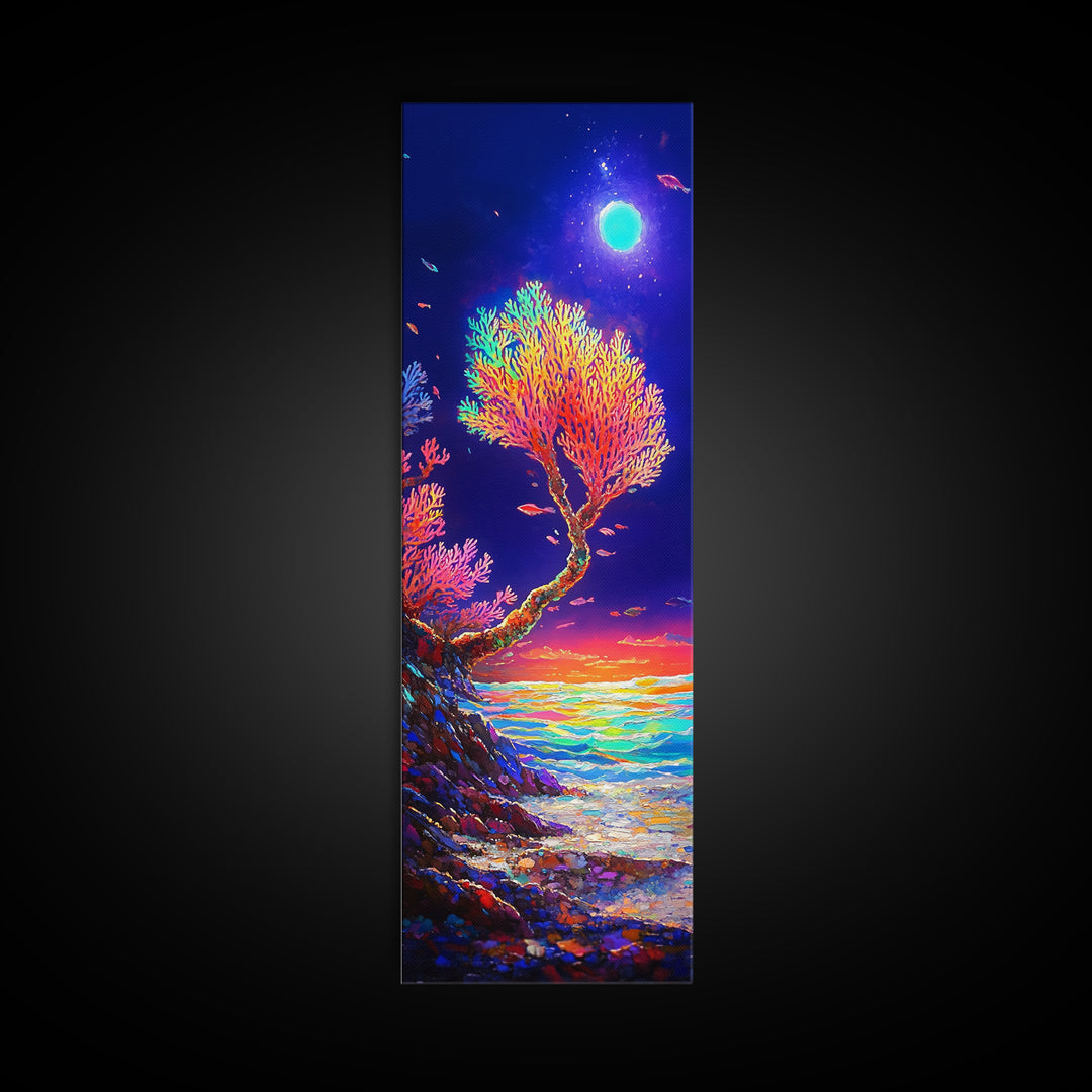 Moonlit Coral Tree By Ocean Canvas Print, Coastal Wall Art, Celestial Decor, Tropical Seascape, Beach House Living Room Decor